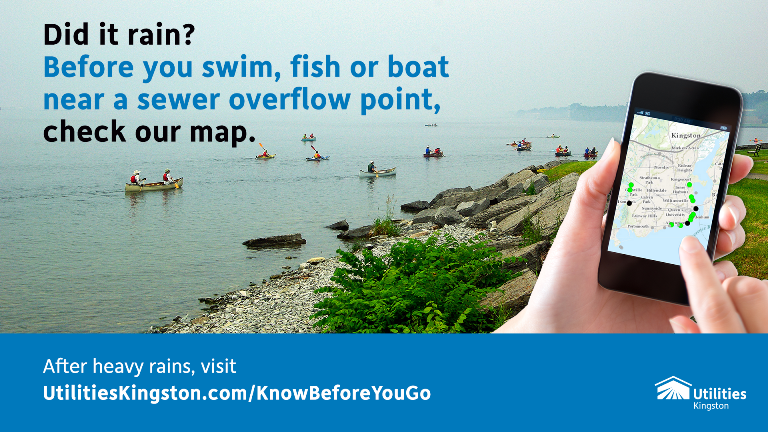 Campaign image promoting the real time sewer overflow map. It shows canoers using the waterfront and a finger swiping a mobile device