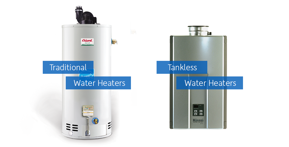 Hot water tank types. Traditional tank water heater or tankless water heaters are shown.