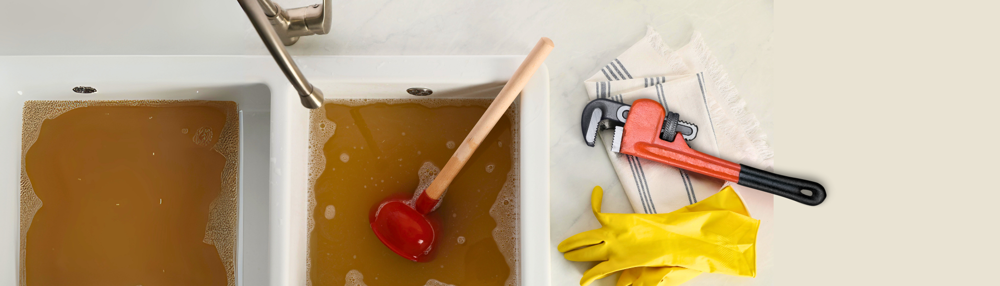 A clogged kitchen sink filled with dirty water. A plunger and a wrench are lying nearby, along with a pair of yellow gloves.
